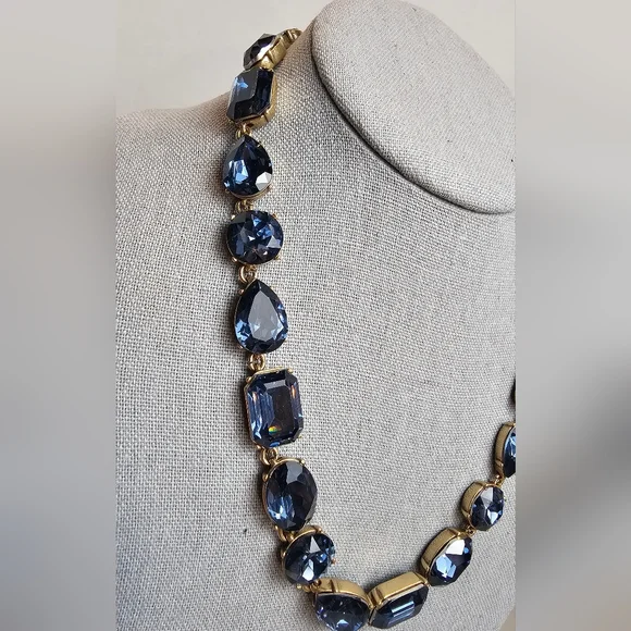 [J. Crew] Blue Crystal Multi Shaped Riviere Gold Toned Statement Necklace - Picture 3 of 16